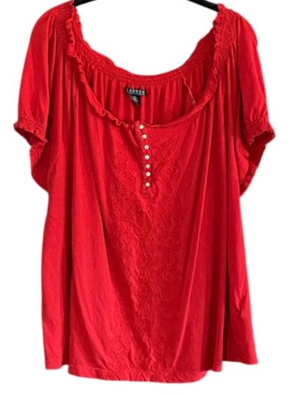 Lauren Ralph Lauren Red Peasant Top Size 2X 100% Cotton Boho Lightweight